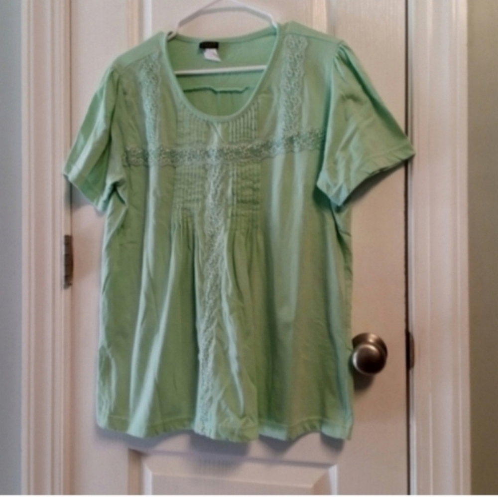 Salon Studio Mint Green Lace Detail Women's Top Pleats Short Sleeve EUC Summer